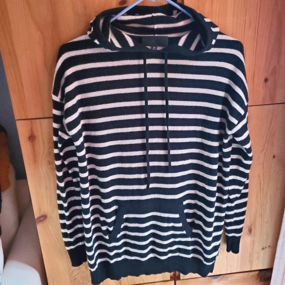 Nili Lotan Women's Cashmere Black & Cream Striped Hooded Sweater Size XS